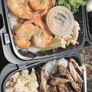Garlic Shrimp, Mac Sal, Fresh Salad &amp; grilled Chicekn plate with rice an Mac Sal &amp; 2 Spam Masubis.