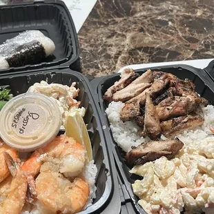 Garlic Shrimp, Mac Sal, Fresh Salad &amp; grilled Chicekn plate with rice an Mac Sal &amp; 2 Spam Masubis.