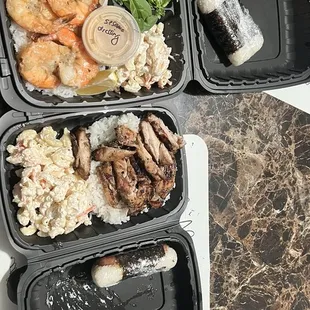 Garlic Shrimp, Mac Sal, Fresh Salad &amp; grilled Chicekn plate with rice an Mac Sal &amp; 2 Spam Masubis.