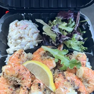 Garlic Shrimp, small tossed salad, Hawaiian macaroni salad.