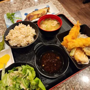 Miso butterfish and shrimp veggie tempura combo meal