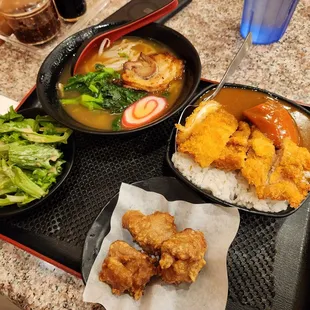 Ramen, mochiko chicken and chicken katsu curry combo meal