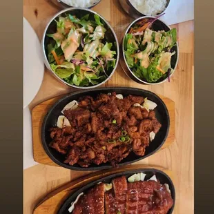 Middle is spicy pork plate, and bottom is chicken katsu plate