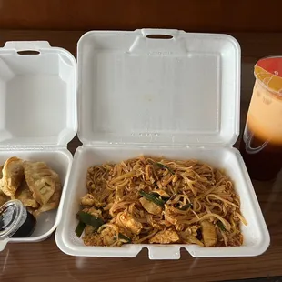 Pad Thai, Fried Chicken Dumpling, and Thai Iced Tea