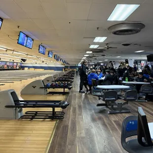 Down the alley, ball racks, and bowling balls