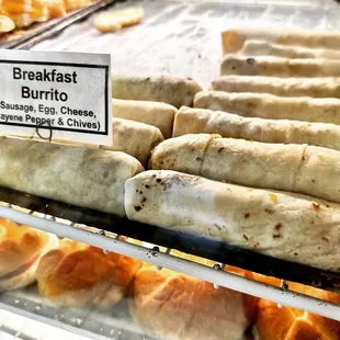 a display of breakfast burritos
