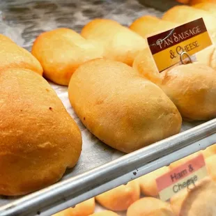 a display of bread rolls