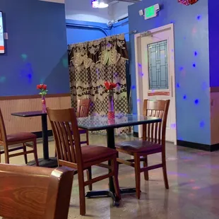 tables and chairs in a restaurant