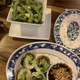 Garlic edamame and spring rolls
