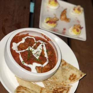 Lamb meatballs and devil eggs