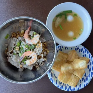 mi nam vang: egg noodles topped with pork belly, ground pork, shrimp + green scallions = $10