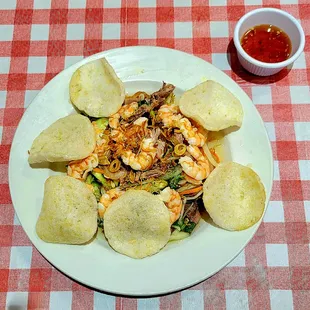 Gỏi Sứa Tôm Thịt had jellyfish, pickled white radish, onion, cilantro, carrots, roast pork, shrimp, shrimp chips, cucumbers, &amp; fried onions