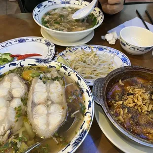 Hu Tieu My Tho Thit Tom Muc Gan (Shrimp - Squid - Pork Liver Noodle Soup) Ca kho To (caramelize fish in claypot) Sweet and sour fish soup
