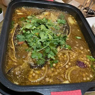 "Grilled Fish with Signature Sauce" - tender fish and flavorful soup. Add sides in after eating the fish for some shabu-shabu!