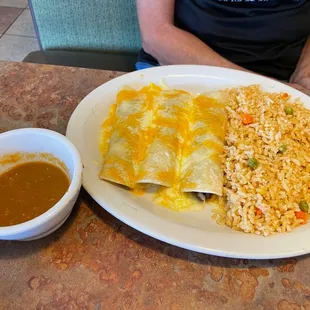 Beef fajita enchiladas..they only offer red salsa no red sauce as a topping..other option is green sauce