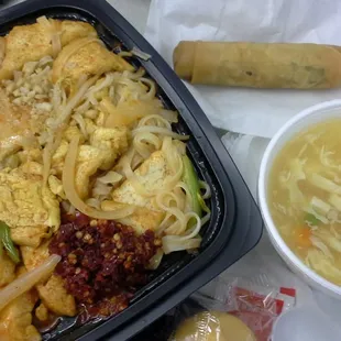 Take out.. Lunch special: pad thai w/tofu, egg drop soup, eggroll.