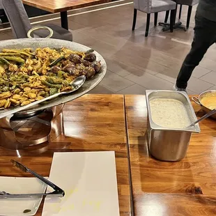 Thursday evening buffet: veggies, raita (yogurt), peanut and coconut chutneys