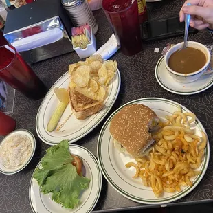 Cheeseburger, grilled cheese, gumbo