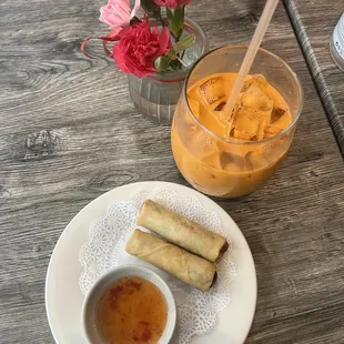 Spring rolls and Thai tea