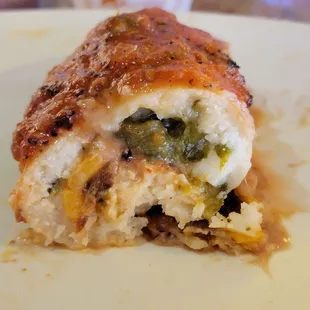 Inside the Poblano chile con Queso tamale. I put habanero salsa on top. Muy Bueno!