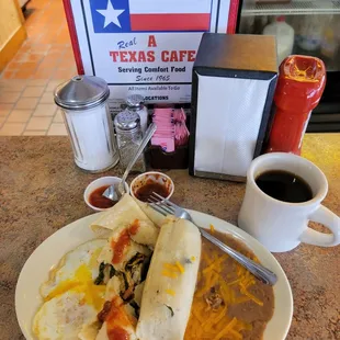 Poblano chile tamales, beans, 2 eggs, tortillas.
