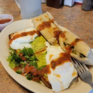 Avocado Toast, eggs, &amp; poblano tamales with Habanero salsa drizzle. Gut-bustin' goodness!