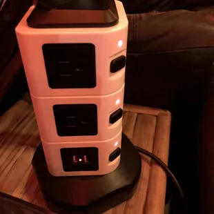 Every table has charger towers!