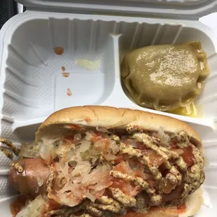 Kielbasa sandwich and Pierogi