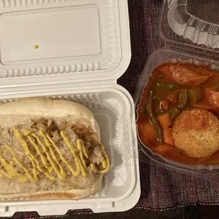 Kielbasa Sandwich and Mielones - Chicken Balls in Spicy Stew.