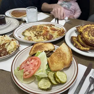 Patty Melt, Cinnamon Roll French Toast, Mexican Omelette