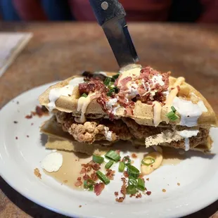 Stacked chicken and waffles