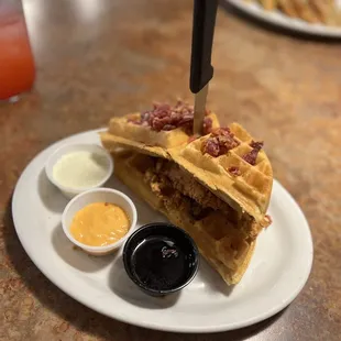 a waffle with bacon on it