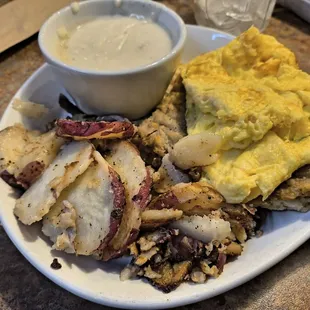 Dave&apos;s scramble? Idk, biscuits and chicken fried steak and gravy and stuff