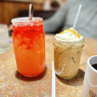 Strawberry lemonade and iced coffee