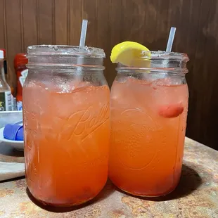 Strawberry lemonade with strawberry purée. Kids have it a thumbs-up.