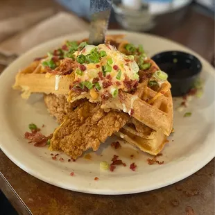 Stacked chicken &amp; waffles