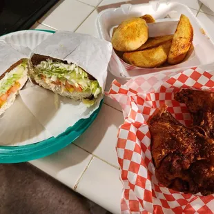 Juicy Broasted Chicken, Broasted potatoes and Yummy Cashew Chicken Salad sandwiches.