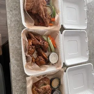 Chicken Fried Chicken Tenders, wings, and pretzel