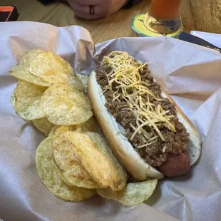 a chili dog and chips