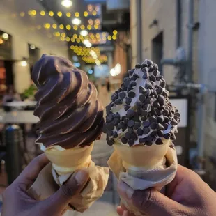 Regular cone with chocolate dip (left) and kids cone with chocolate chips (right)