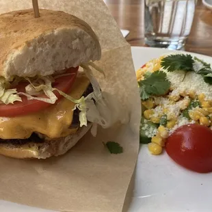 Hudson Cheeseburger gf bun and Roasted Corn &amp; Avocado (I enjoyed this side).
