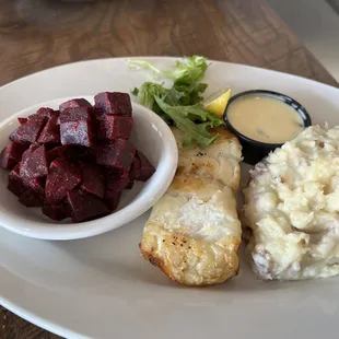 Beets, pan seared sea bass, garlic mash, lemon caper sauce