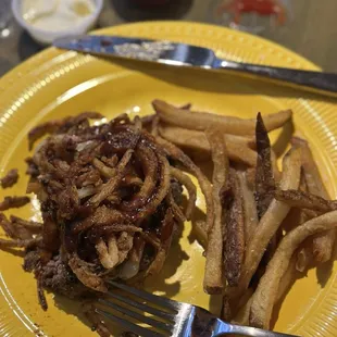 Hudson burger, minus the bun, and fries. (It came with a lot of fries, this is just what I put on my plate )