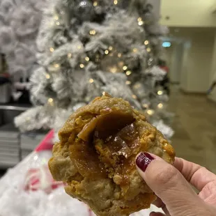 a hand holding a peanut butter cookie