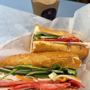 a sub sandwich and a drink