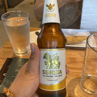 a person holding a bottle of beer