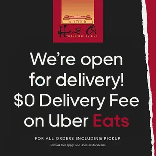 Free Delivery through UberEats!  Search &quot;Hue Oi&quot; on Uber Eats to order