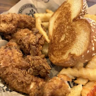 fried chicken, french fries, and a sandwich