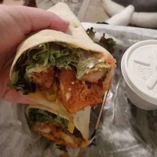 Buffalo chicken tender wrap, (breaded tenders).