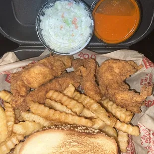 fried chicken, fries, coleslaw and coleslaw